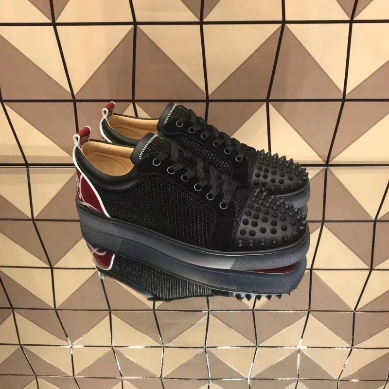

Low Cut Red Bottom Shoes for Men Luxury Brand High Quality Trainers Driving Spiked Bar Rivets Toecap Black Weave Genuine Leather