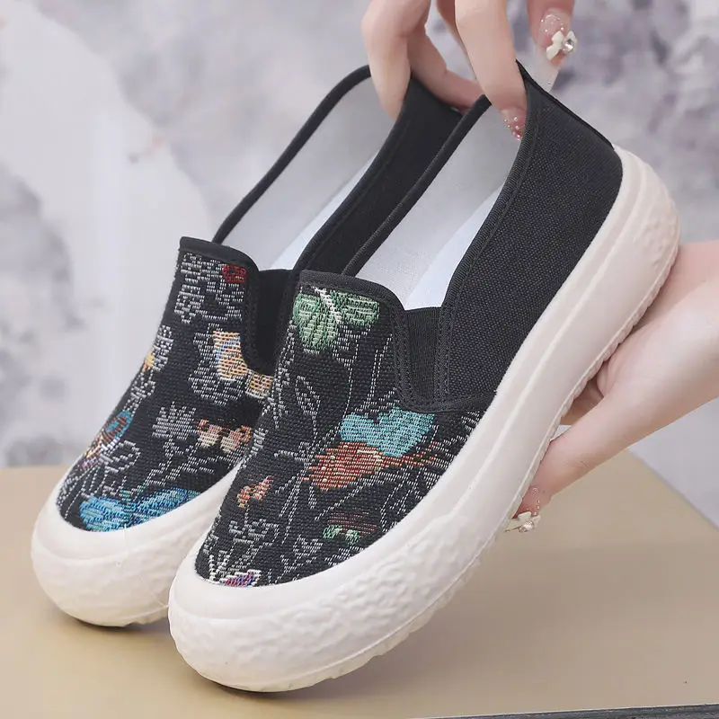 

Black Flower Printed Canvas Loafers Women's Comfy Round Toe Non Slip Fisherman Shoes Woman Slip On Espadrilles Fashion Sneakers