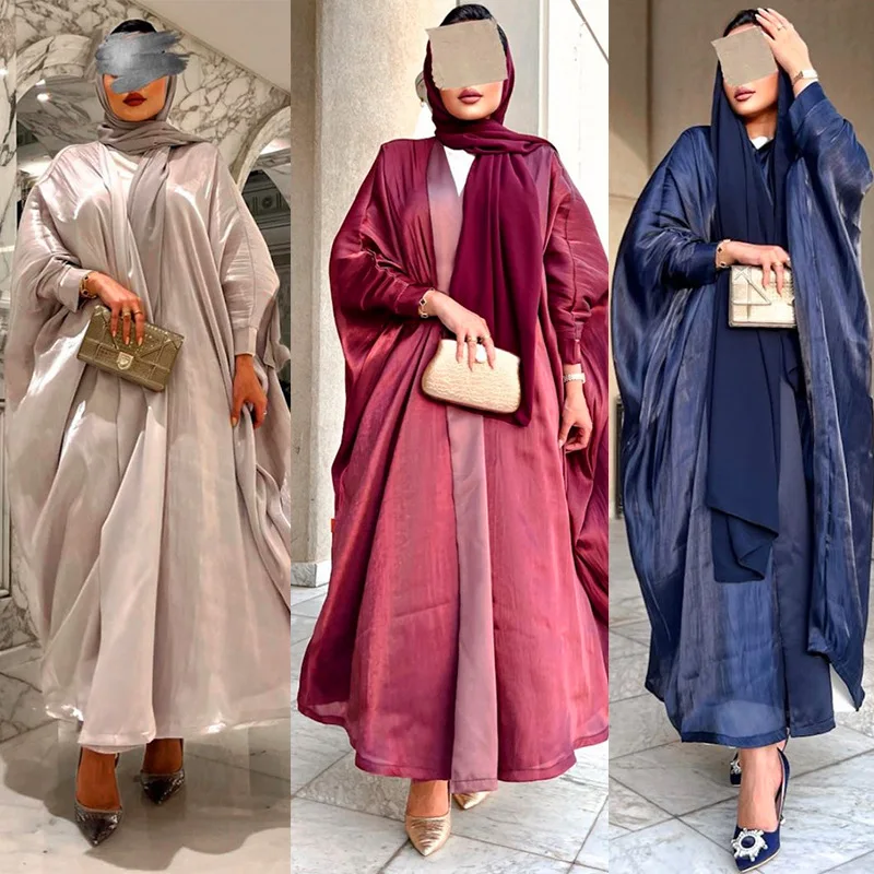 

2024 Arabian Fashion Dubai Modest Muslim Bright Silk Satin Bat Sleeve Robe Middle East Abaya Jalabiya Caftan Cardigan