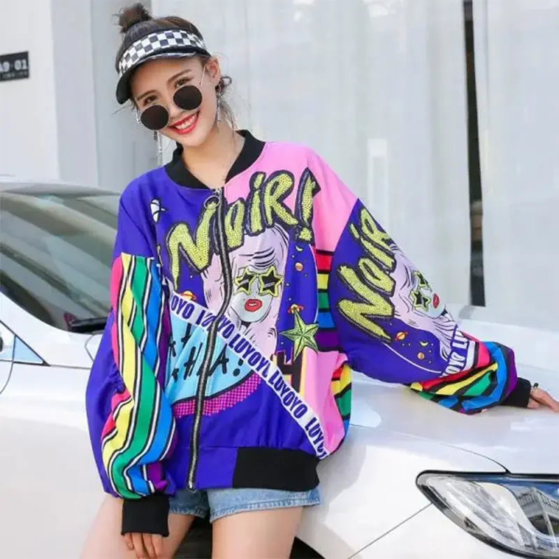 Cartoon Printed Baseball Jacket for Women, Stand Collar, Loose, Western Style, Personality Jackets, Fashion Brand, Summer, 2023
Cartoon Printed Baseball Jacket for Women, Stand Collar, Loose, Western Style, Personality Jackets, Fashion Brand, Summer, 2023