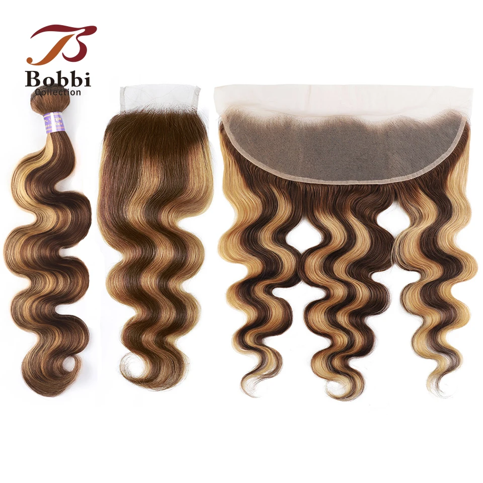 

1PC Body Wave Highlight Human Hair Weave Bundles Brown Blonde Mix Color Lace Closure Frontal Transparent Free Part Bobbi