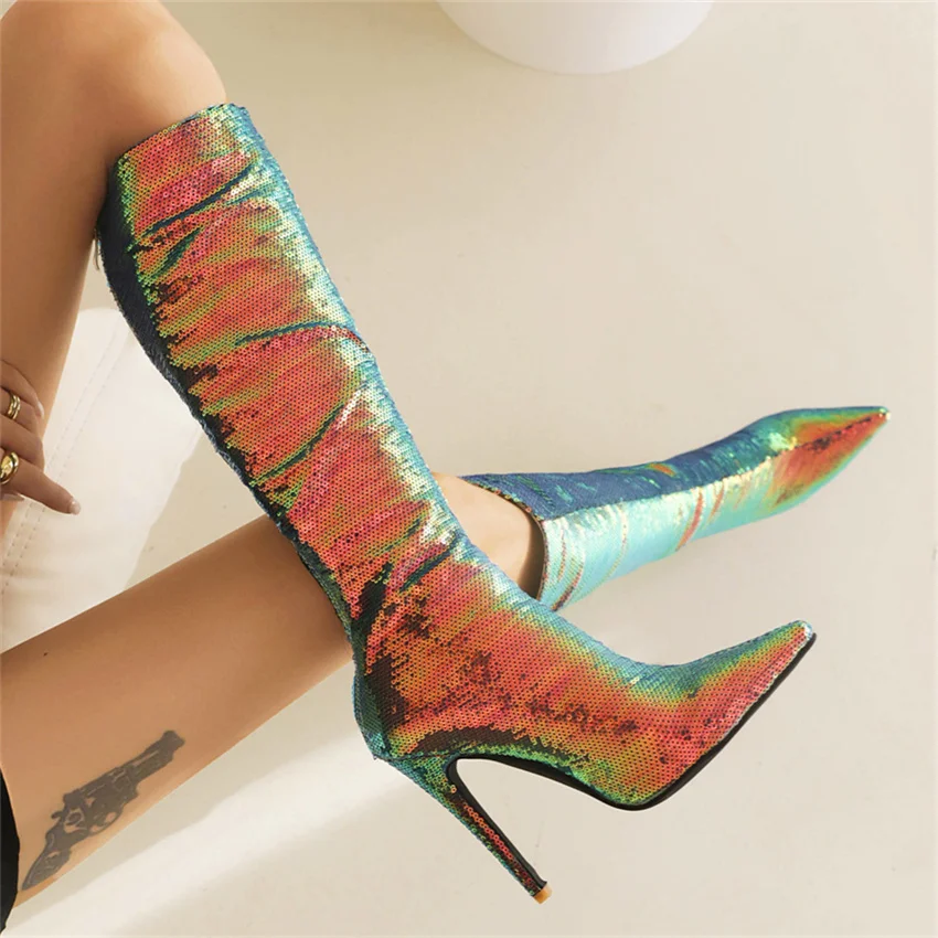 

High Heel Women Ankle Boots 2023 Winter New Sexy Stiletto Female Fashion Pointy Toe Sequined Party Women Shoes Dropshopping