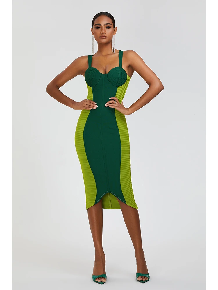 

Sexy Women Green Sleeveless Straps V Neck Patchwork Contrasting Color Bandage Dress Midi Bodycon Dress Elegant Evening Party