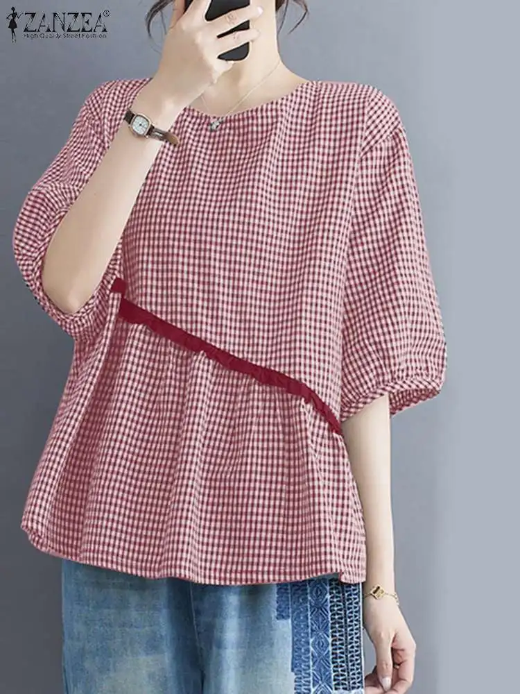 

2024 ZANZEA Women Tops Vintage Plaid Checked Blouse Summer Half Sleeve Casual Work Shirt Loose Patchwork Tunic Party Blusas