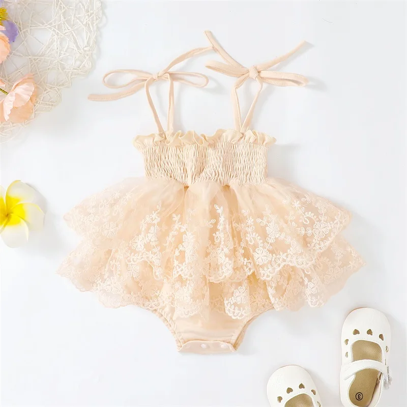 

Infant Toddler Baby Girls Romper Sleeveless Shirred Layered Hem Elastic Lace Flower Embroidery Tie Up Jumpsuits Skirts Headband