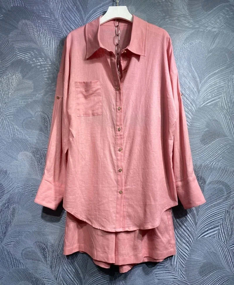 2024 Summer Fashion Short Sets High Quality Women Turn-down Collar Long Sleeve Linen Shirts+Elastic Waist Linen Shorts Suits 2pc
2024 Summer Fashion Short Sets High Quality Women Turn-down Collar Long Sleeve Linen Shirts+Elastic Waist Linen Shorts Suits 2pc
