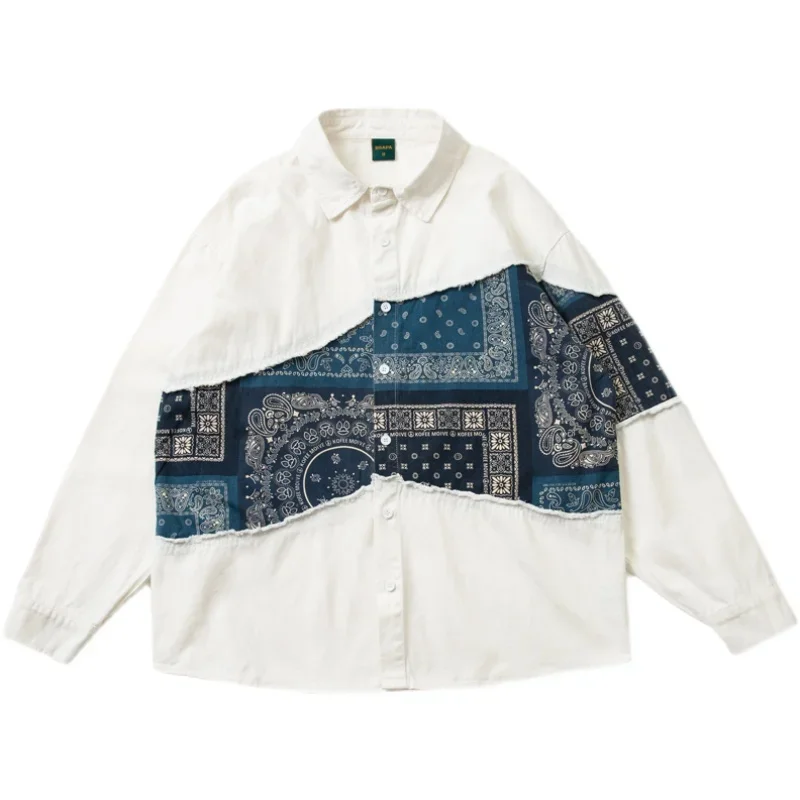 

Japanese Retro National Style Men's Autumn Blue Cashew Flower Print Stitching Long Sleeved Shirt White Loose Coat Casual