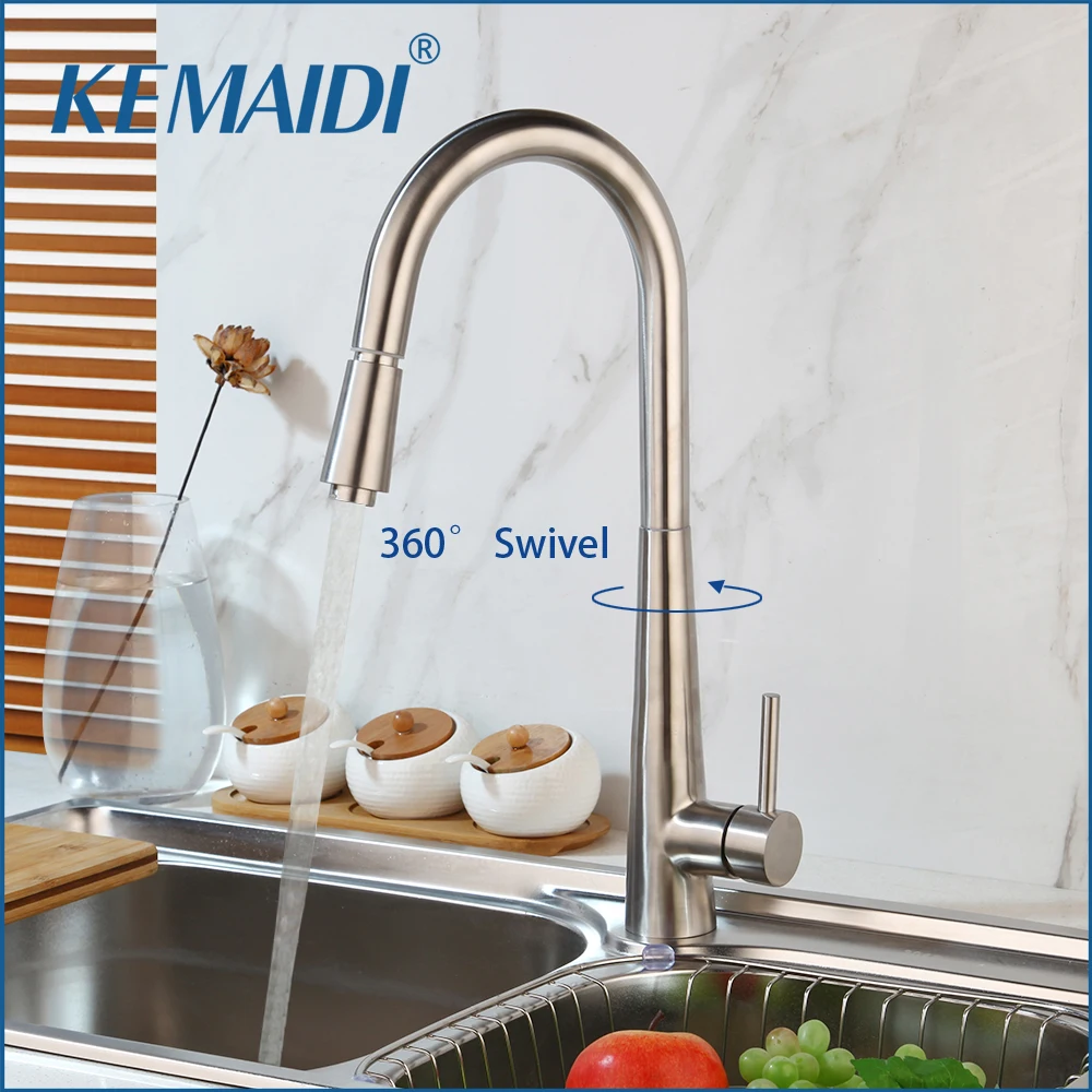 

KEMAIDI Pull out Kitchen Sink Faucet Brushed Nickel Single Hand Mixer Tap 360 Swivel Faucets Solid Brass Single Lever Mixers