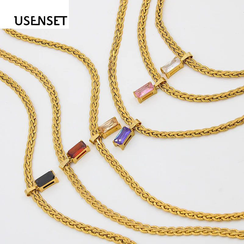 

New Link Chain Necklace With Square Zircon Pendant Girl Women Gold Color Vacation Choker DIY Accessories Charms Aesthetic YS142