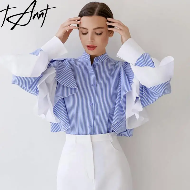 

Tannt Women Shirt Ruffles Patchwork Stripes Casual Shirts Blouses Long Sleeves Color Matching Fashion Blouses Tops Women 2023