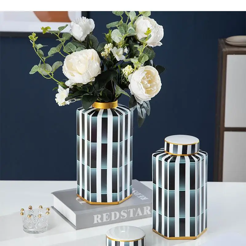 

Creativity Hexagon Ceramic Storage Jars with Lid Porcelain Vase Flower Arrangement Desk Decoration Cosmetic Tank Modern Decor