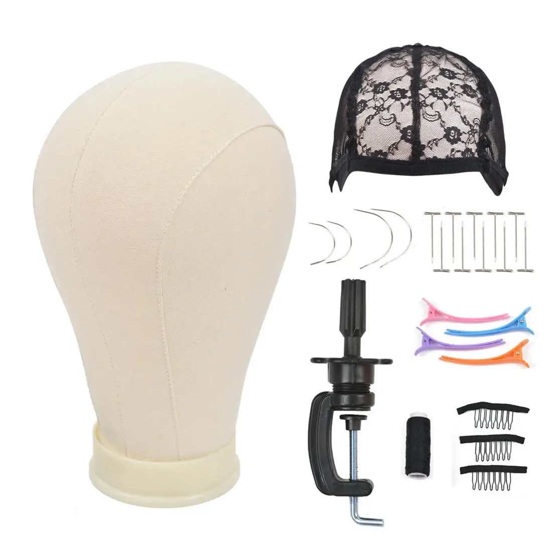 

1Pc Canvas Block Head Set With Hole C Stand Clamp for Styling Mannequin Head and Making Wigs Weave Display