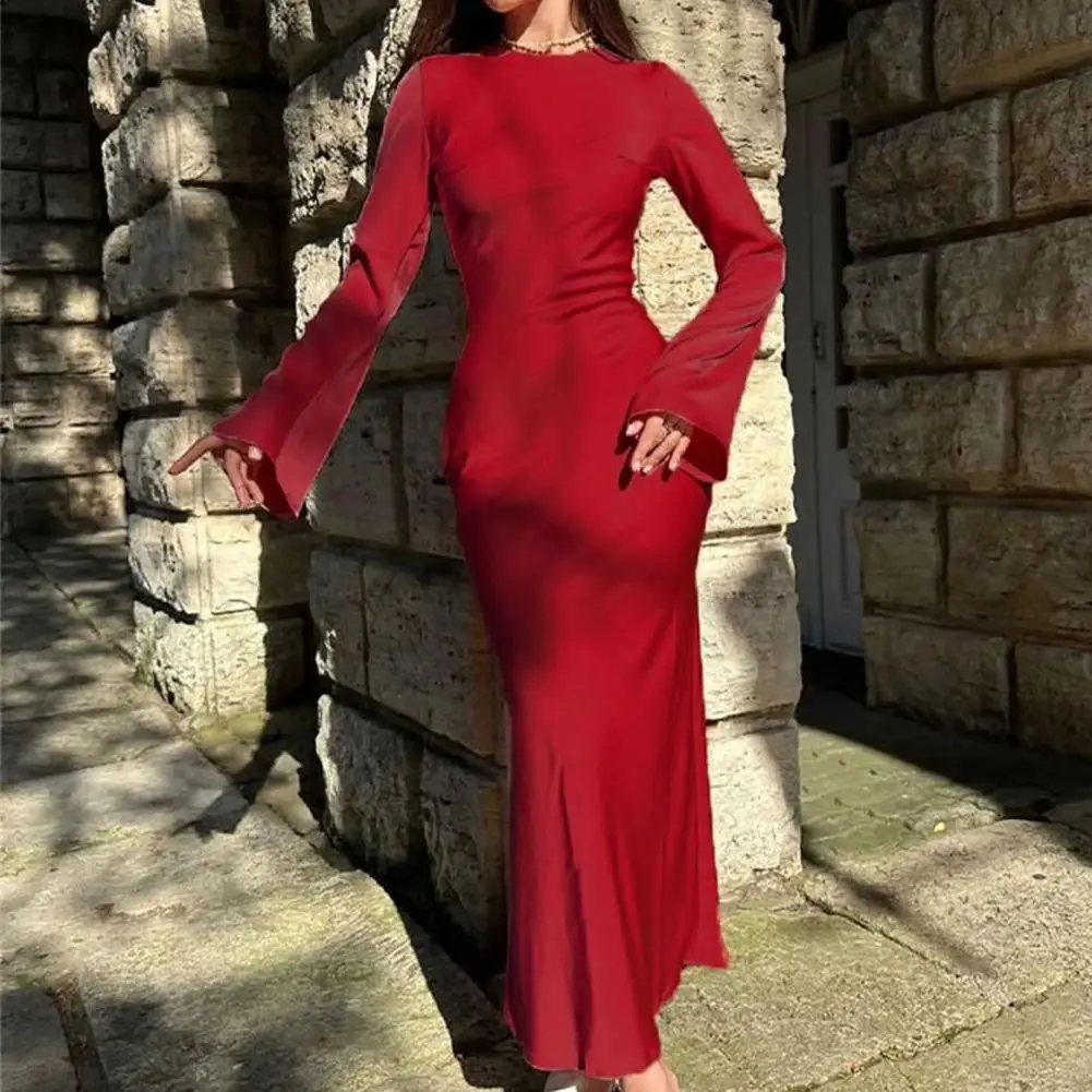 

Women Spring Fall Dress Long Sleeve Soft Tight Waist Sheath Lady Dress OL Commute Style Slim Fit Ankle Length Maxi Dress