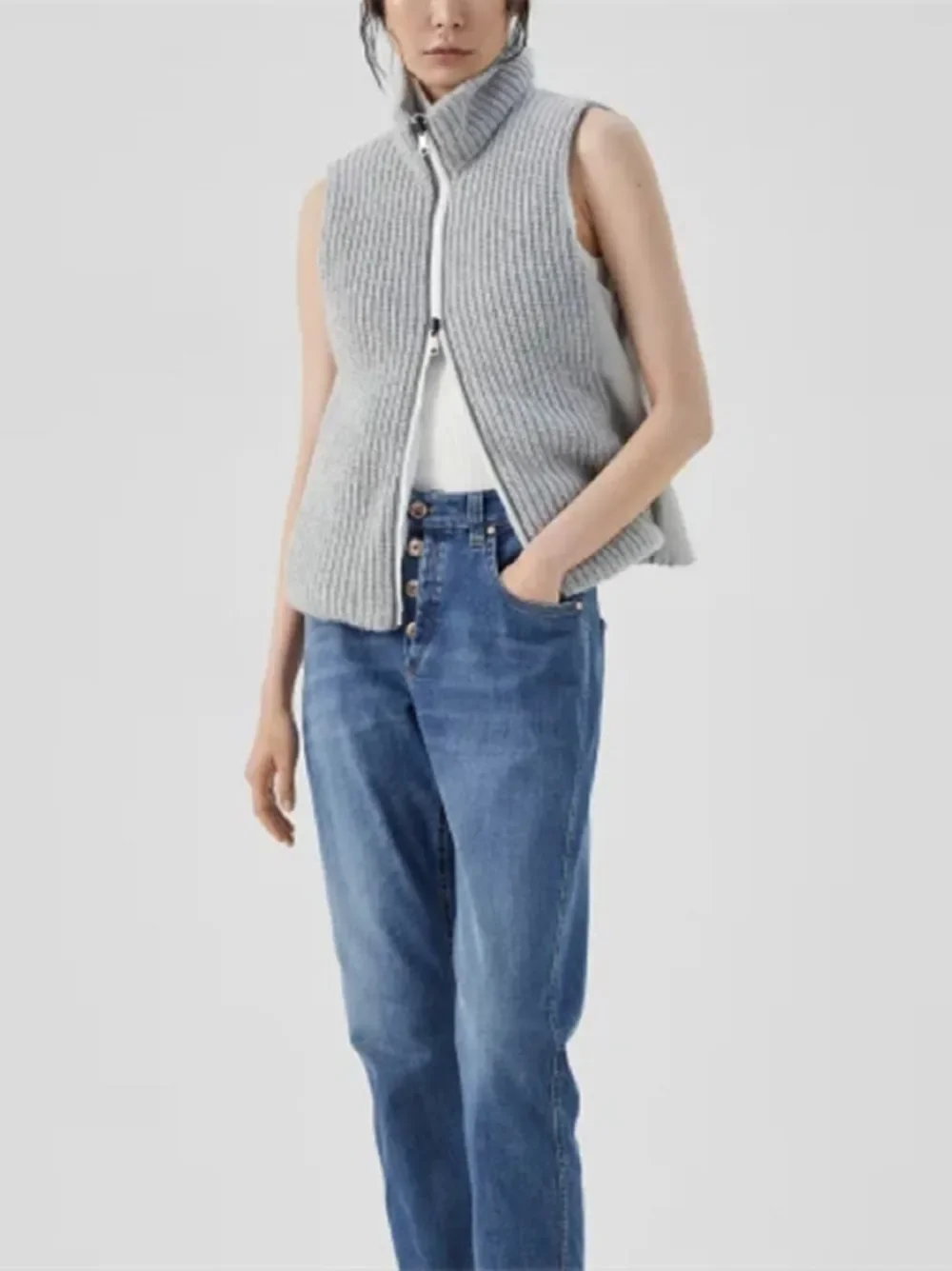

Women Down Vest Beading Chain Stand Collar Double Zipper Fashion Knitwear Spliced Coat
