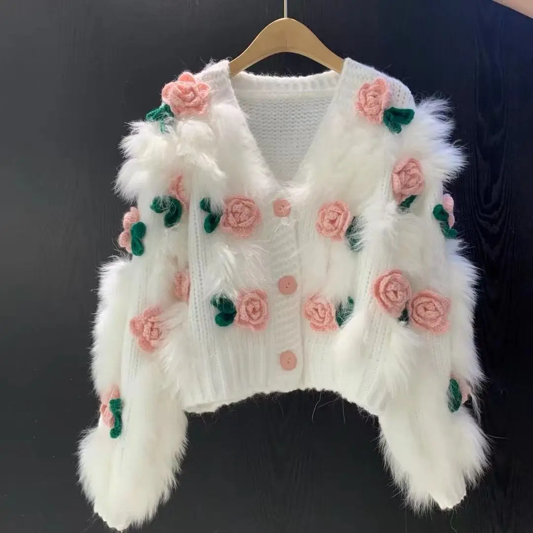 

New Arrival Fashion Cardigan Autumn New Warm Soft Waxy Advanced Sweater Embroidered Three-dimensional Rose Knitwear Top