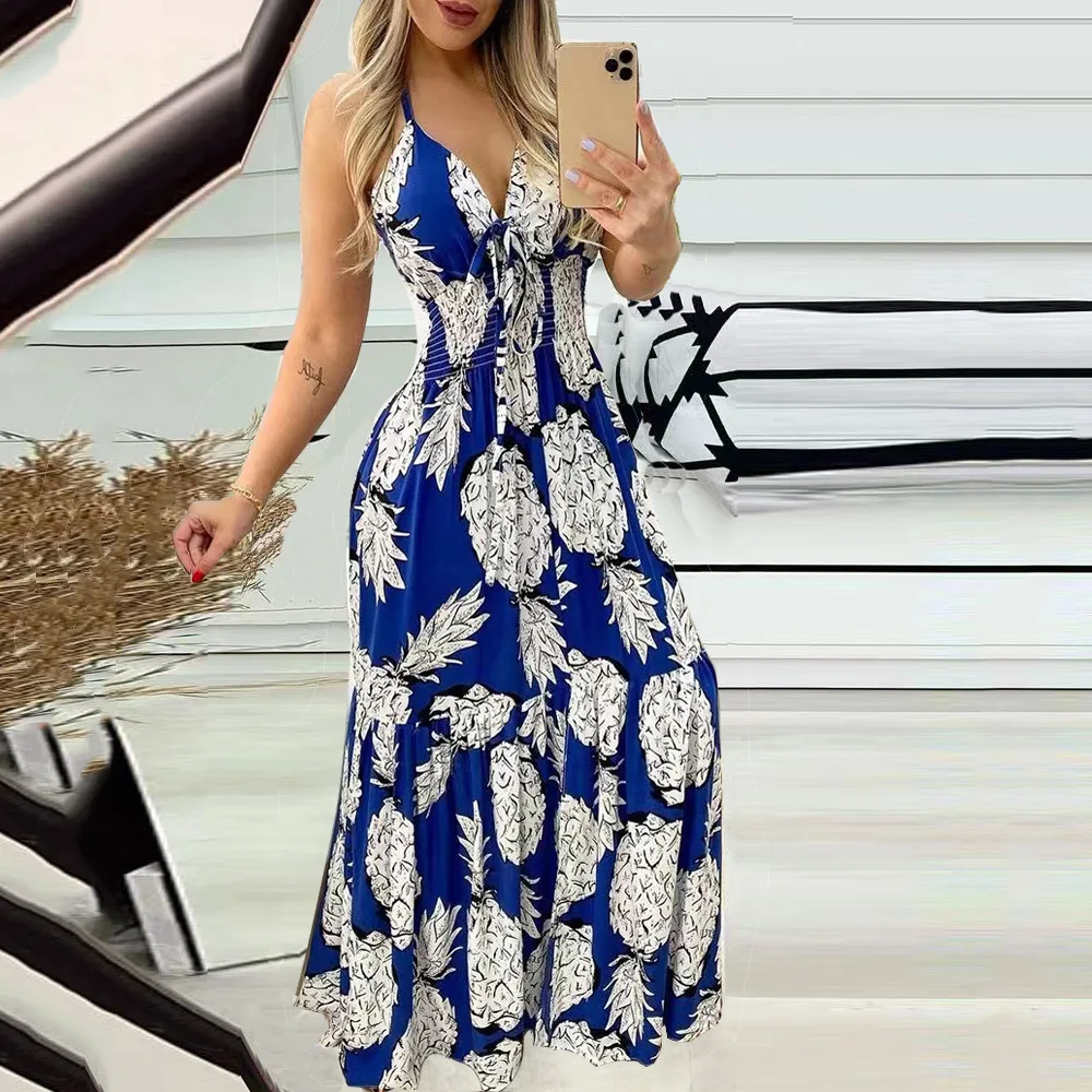 

Женское пикантное платье 2023, стильное длинное платье на бретельках с принтом, открытой спиной и высокой талией, модное Красивое Праздничное Платье
