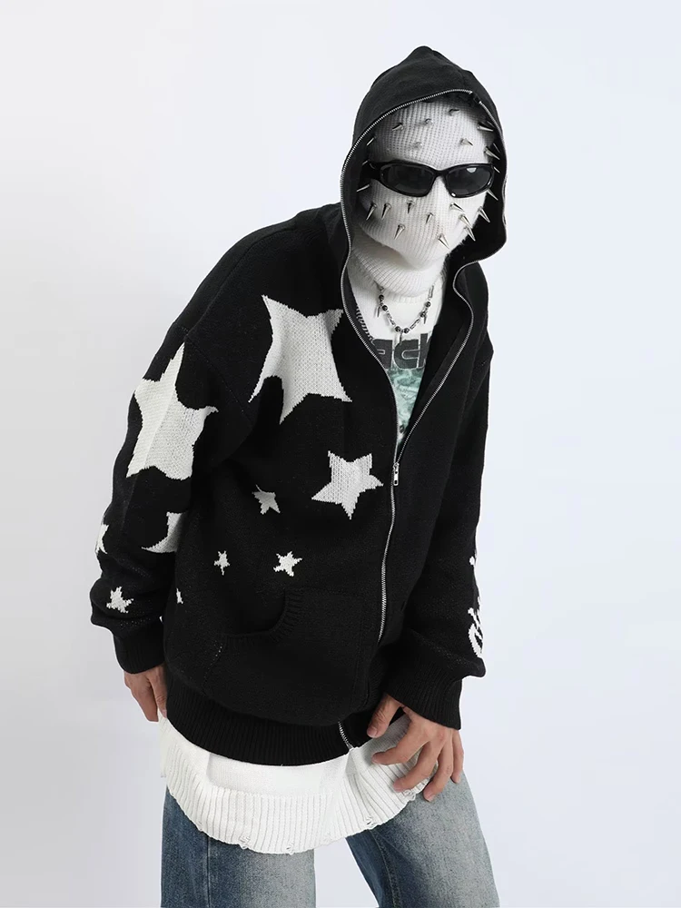 European and American Oversized Star Print Design Hooded Knitted Cardigan Men's and Women's Loose Zipper Jacket Sweatshirt
European and American Oversized Star Print Design Hooded Knitted Cardigan Men's and Women's Loose Zipper Jacket Sweatshirt