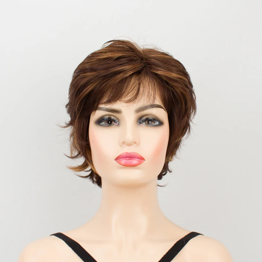 

Synthetic Hair Wig wig Brown Blonde Mix Short Natural Straight Pixie Cut Side Part Layered Haircut wig for white women 7 inches