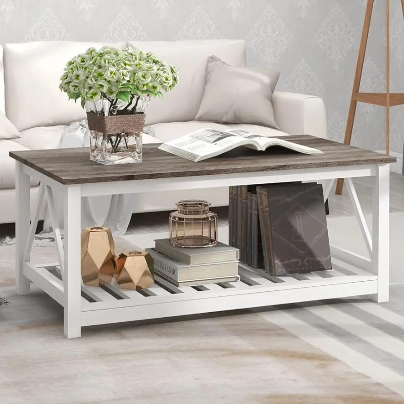 Farmhouse Coffee Table for Living Room,2-Tier Rectangular Wood Centre Cocktail Table with Slats Shelf Storage and V-Shaped Frame
Farmhouse Coffee Table for Living Room,2-Tier Rectangular Wood Centre Cocktail Table with Slats Shelf Storage and V-Shaped Frame
