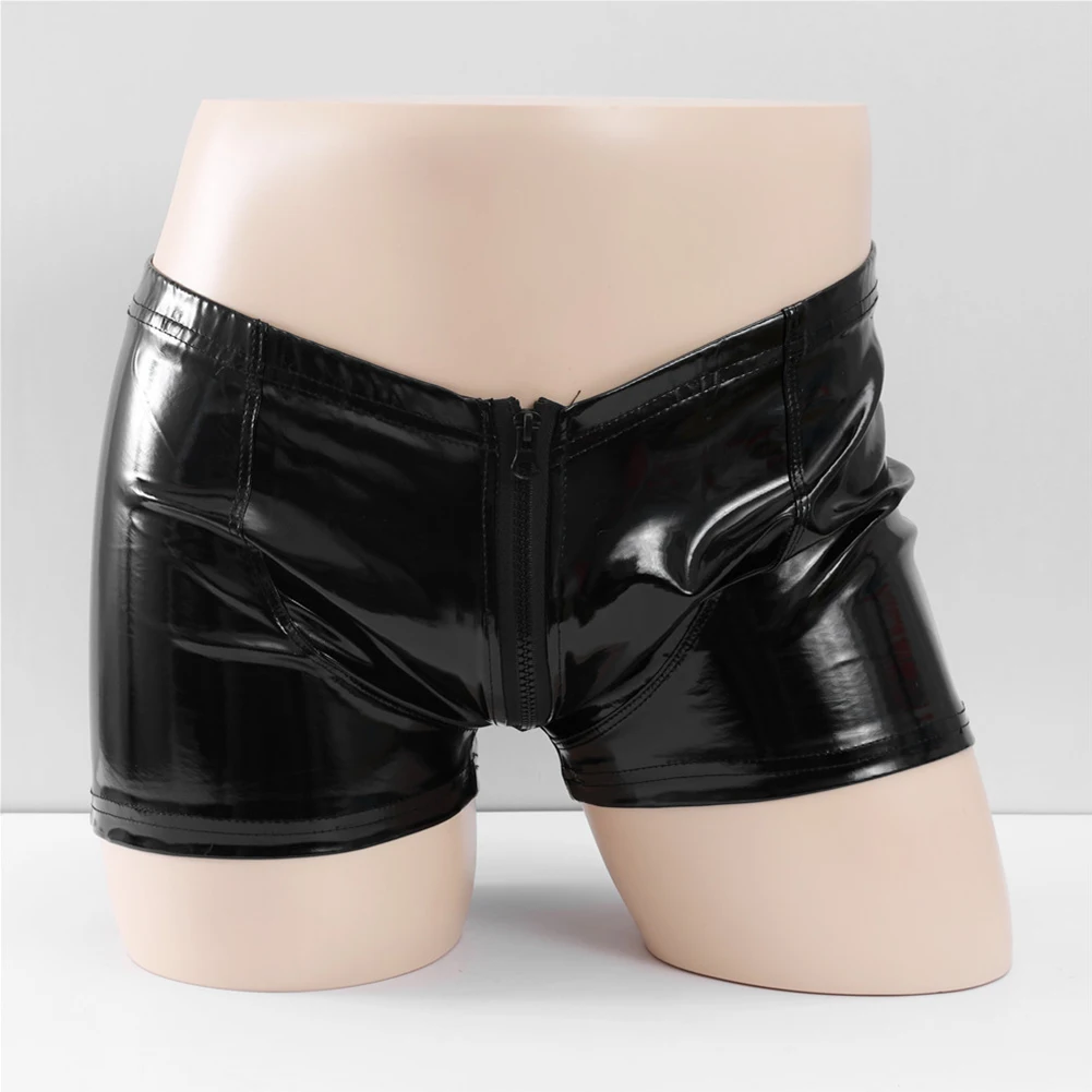 

Sexy Boxershorts Men Zipper Shorts Slip Homme U Pouch Boxers Shiny PU Leather Boxer Homme Underpants Hot Underwear Bulge Panties