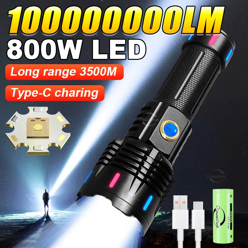 

1000000LM Ultra Powerful Rechargeable Flashlight 800W LED High Power LED Flashlights 3500M Long Range Torch Tactical Lantern