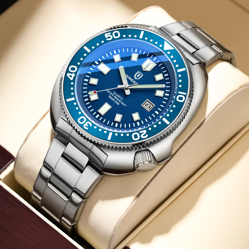 

QINGXIYA Mens Watches Top Brand Luxury Stainless Steel Fashion Blue Dial Quartz Watch Men Waterproof Calendar Relogio Masculino
