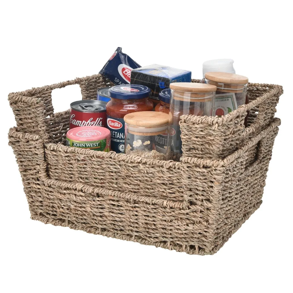 

Hand Woven Seagrass Storage Basket with Iron Wire Frame Open Front Woven Wicker Storage Baskets Natural