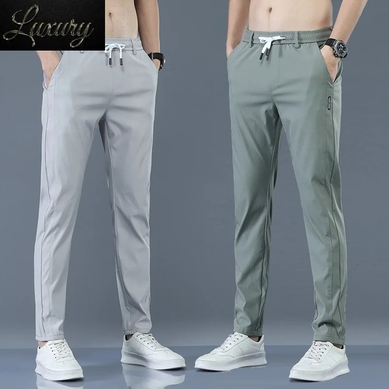 

Chino Casual Pants Men Korean Thin Slim Classic Summer Elastic Waist Fashion Khaki Black Stretch Lightweight Trousers Male
