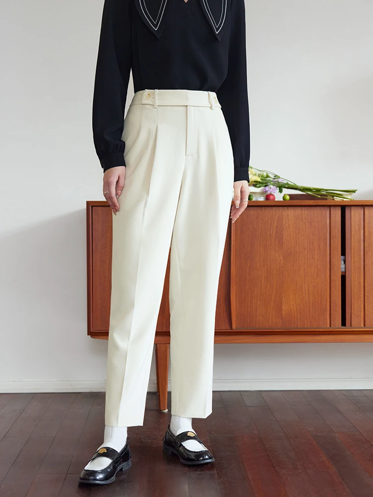 

DUSHU High Waist Women Casual Suit Trousers Waist Pleated Design Solid Commuter Tapered Cropped Suit Pants Women Spring Pant