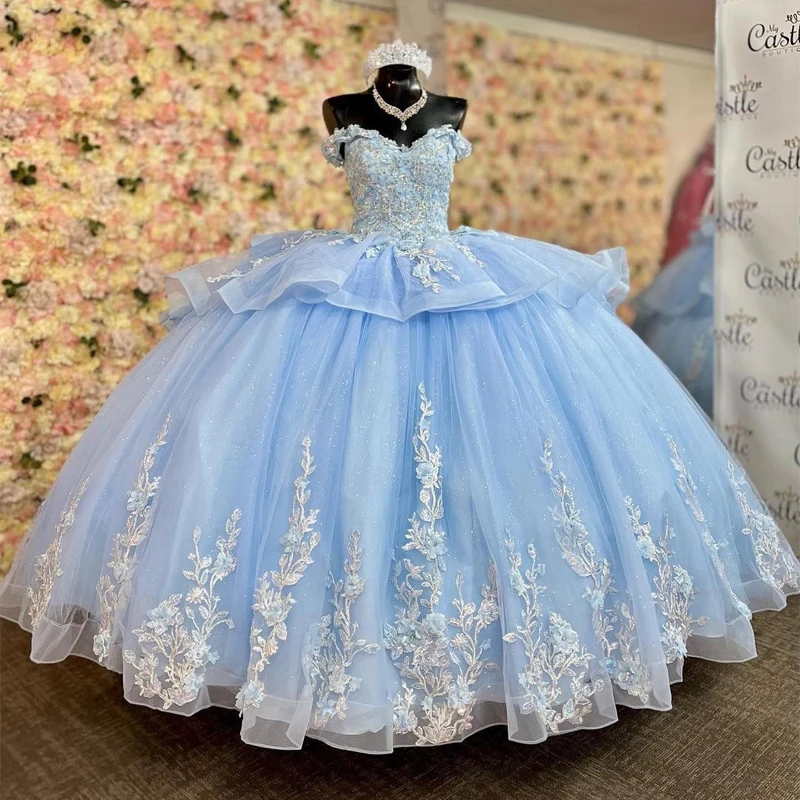 

ANGELSBRIDEP блестящие небесно-голубые платья Quinceanera с аппликацией кружева бисером милое 16 принцессы на день рождения вечерние платья