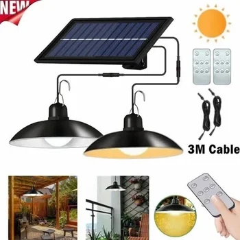 Solar Pendant Light Outdoor Waterproof LED Lamp Double-head Chandelier Decorations with Remote Control for Indoor Shed Barn Room