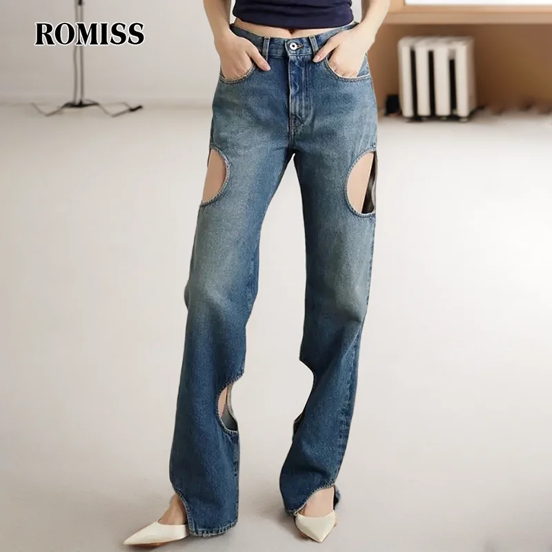 

ROMISS Pure Color Hollow Stitching Pocket Denim Trousers Lady High Waisted Stitching Button Loose Wide -Leg Pants Lady