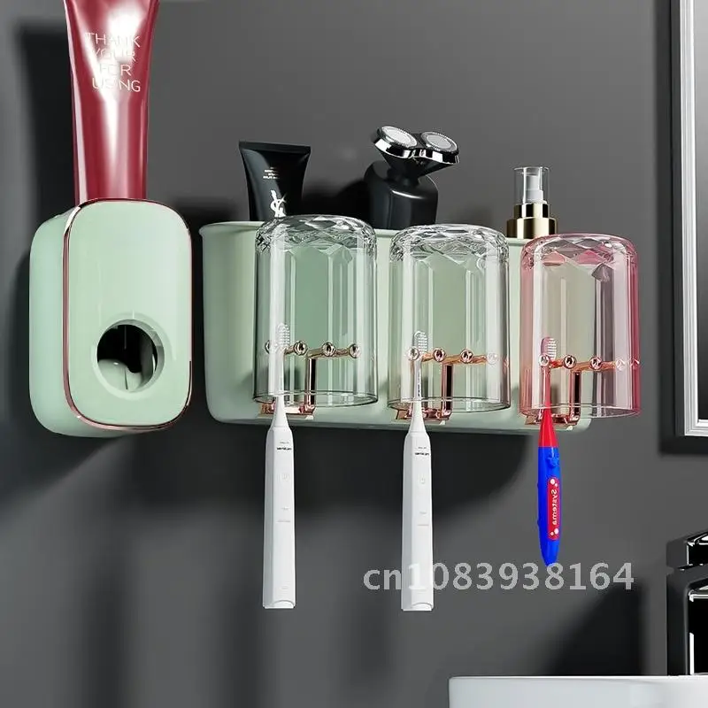 

Home Wall-Mounted Toothbrush Cup Holder Toothpaste Dispenser Squeezer Storage Rack Bathroom Accessories