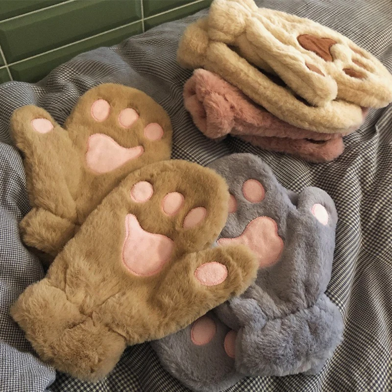 

2023 Kawaii Warm Cat Caw Gloves Fashion Girls Cat Claw Paw Plush Mittens Soft Plush Short Fingerless Half Finger Winter Gloves