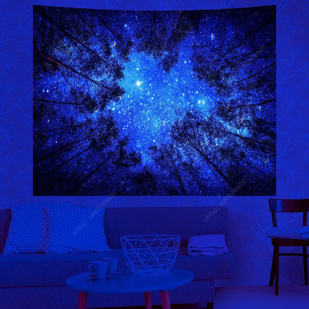 

Fantacy Moon Tapestry Forest Tree Colorful UV Reactive Wall Hanging Tapestry for Bedroom Ceiling Living Room College Dorm Decor