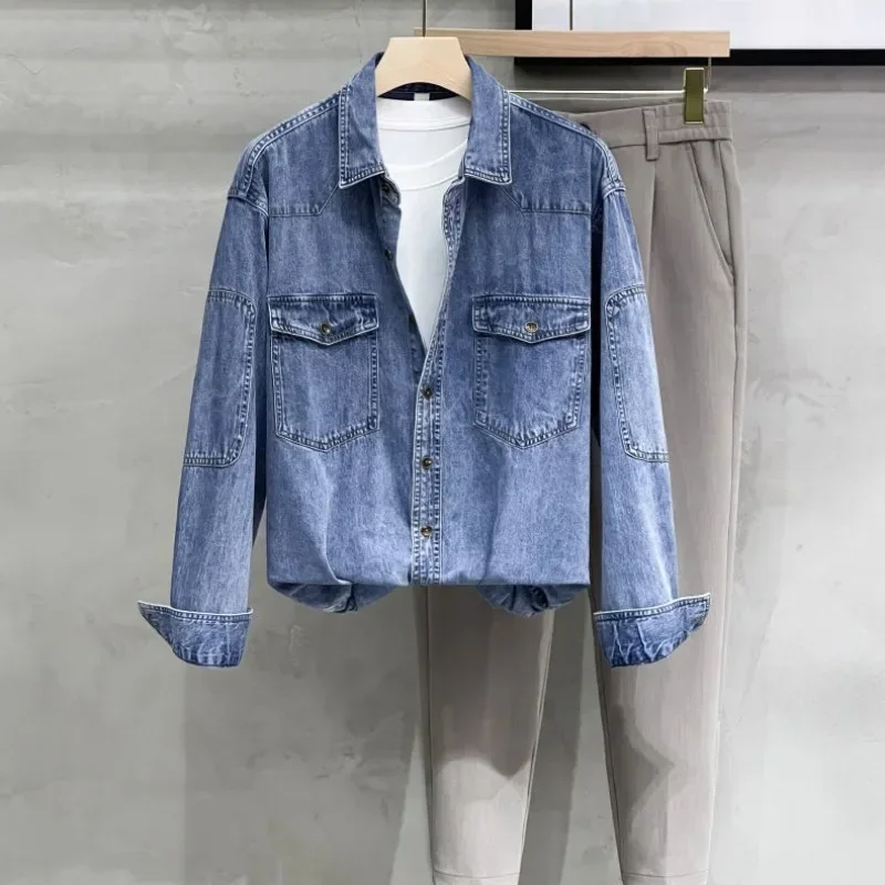 

Male Jean Coats Autumn Button Shirt Men's Denim Jacket Blue Low Cost Korean Popular Clothes One Piece Fast Delvery Joker New In