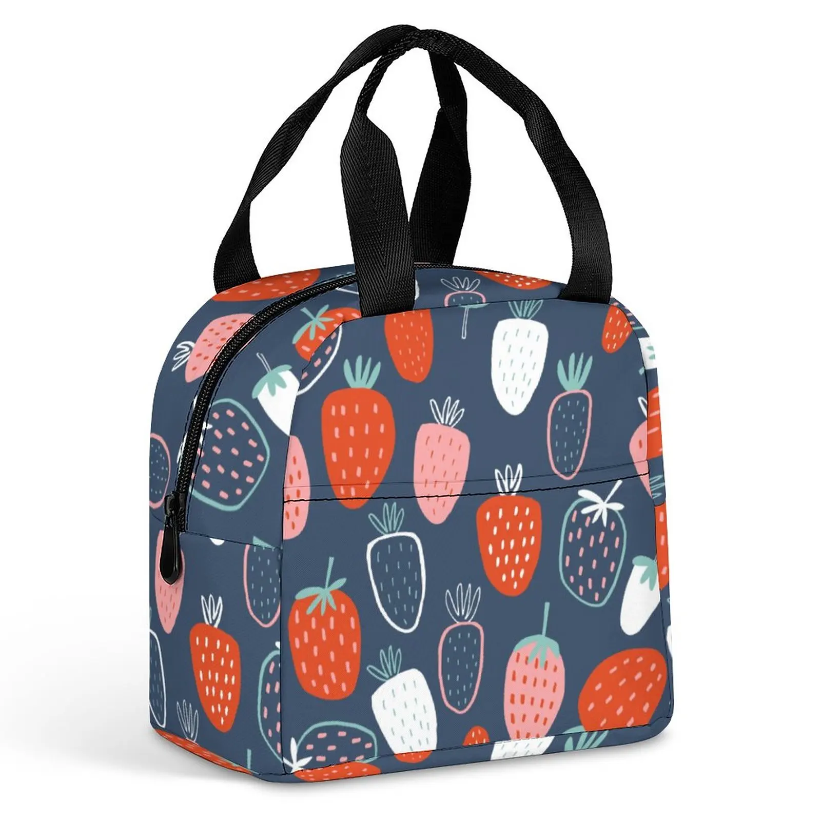 

Custom Pattern Tote Lunch Bags for Women Dark Blue Fruit Print Portable Meal Bag Picnic Travel Breakfast Box Office Work School