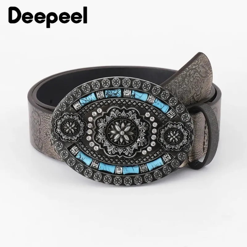 

1Pc Deepeel 100cm Retro Women's Wide Belt Luxury Stone Buckles Embossed Decorative Waistband for Jeans Ethnic Sytle Belts
