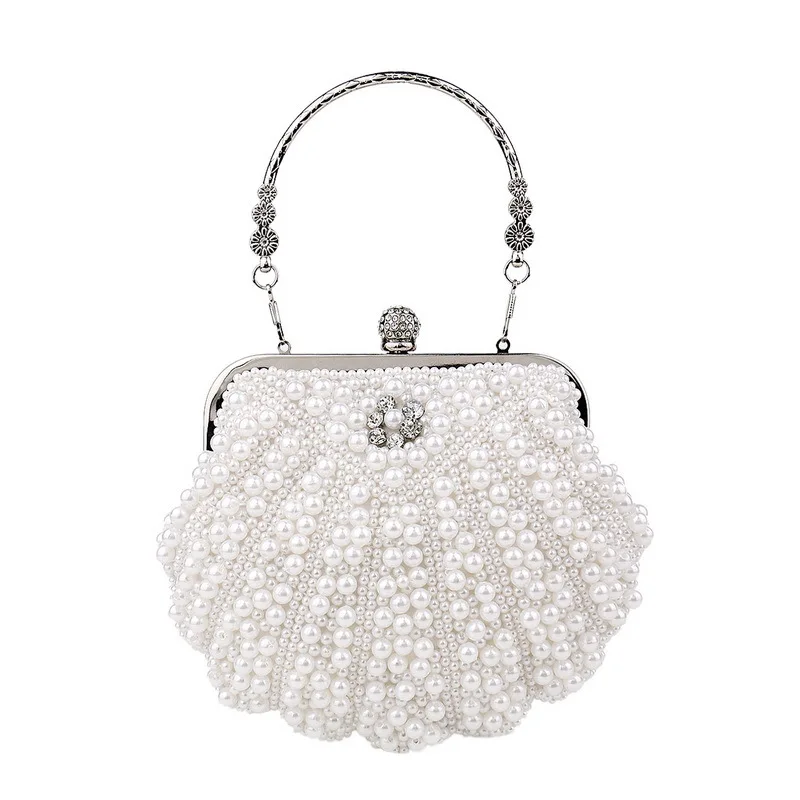 

Luxury Pearl Shell Women Bag Clutch Fashion Two Sided Beaded Handbags Elegant Evening Bags Rhinestone Bridal Wedding Party Purse