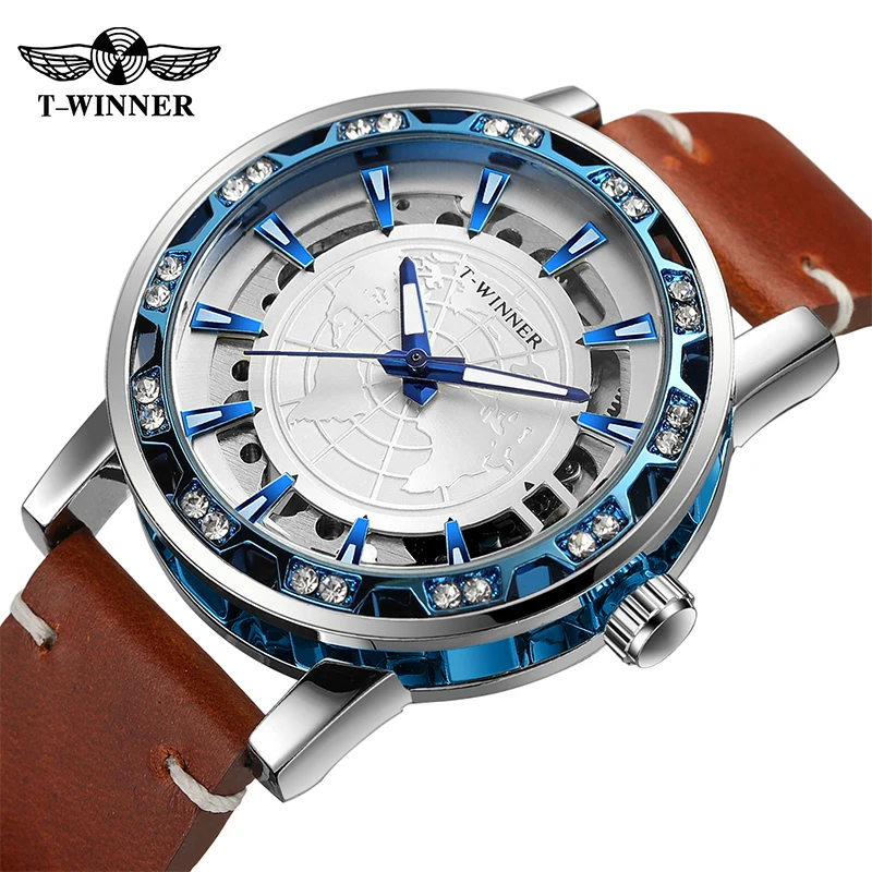 

T-winner Mechanical Automatic Wristwatches Skeleton Reloj Para Hombre Watches Luminous Leather Strap Men Watch