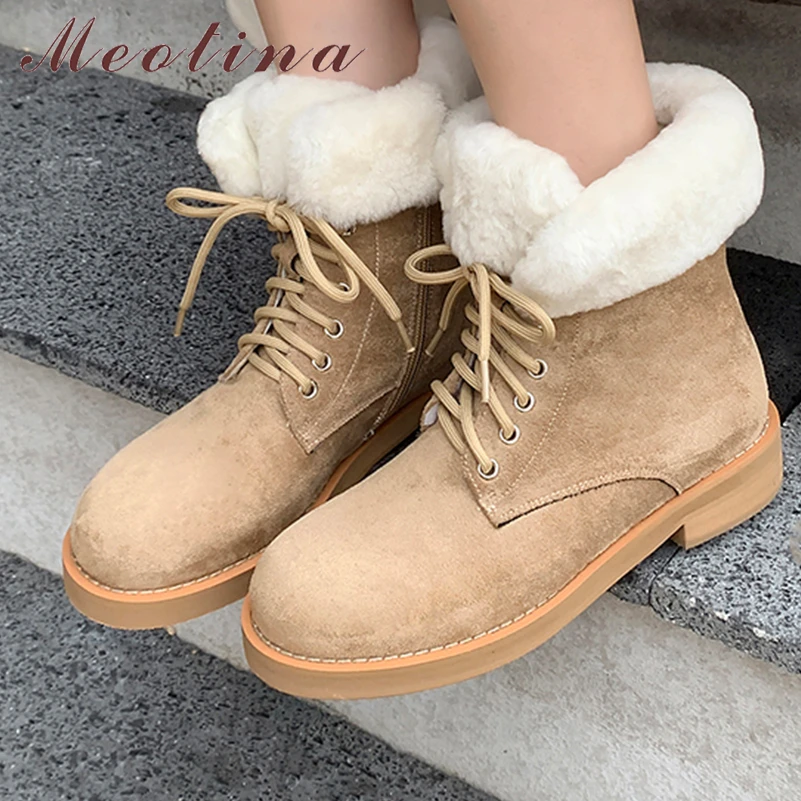 

Meotina Women Ankle Short Boots Round Toe Thick Mid Heels Wool Lace-up Zipper Combat Boot Ladies Fashion Shoes Winter Apricot 40