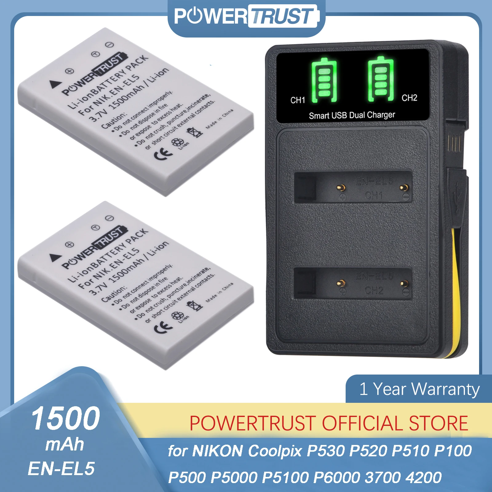 

EN-EL5 ENEL5 Battery and Charger for Nikon Coolpix 3700, 4200, 5200, 5900, 7900, P3, P4, P80, P90, P100, P500, P510, P520, P530