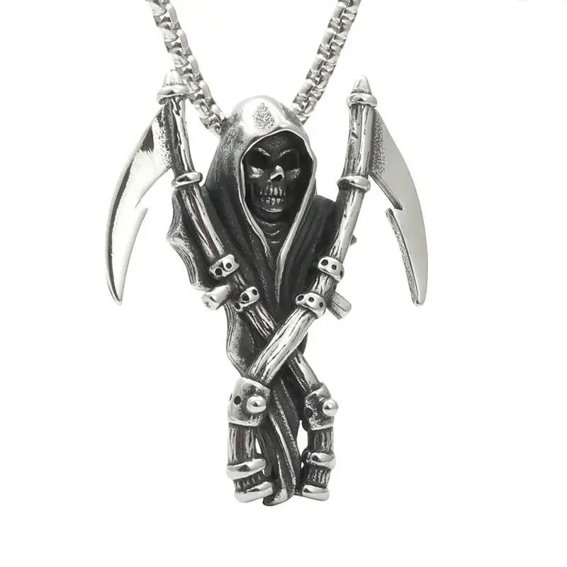 

CHUANGCHENG Vintage Stainless Steel Death Skeleton Skull Grim Reaper Pendant Men's Necklace Chains Jewelry Accessories