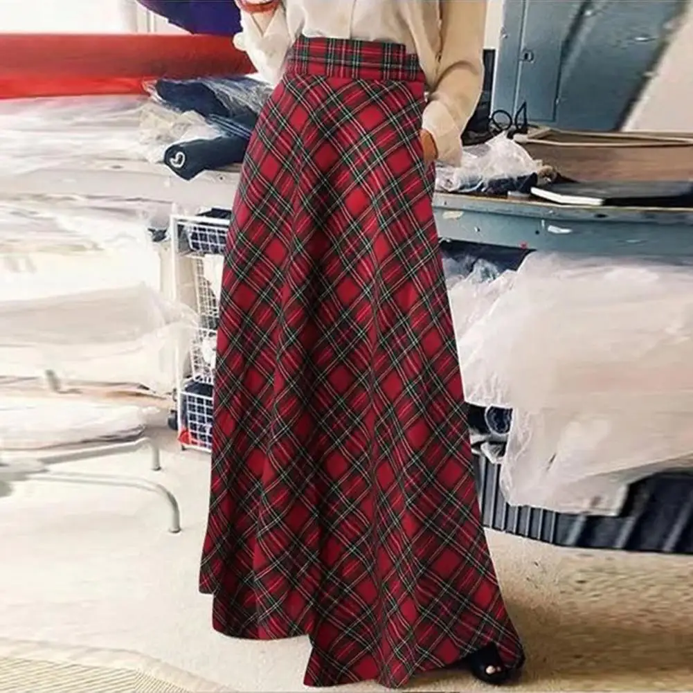 

High-waisted Skirt Plaid Print High Waist Maxi Skirt for Women Oversized A-line Check Skirt with Hem Casual Spring Floor Length