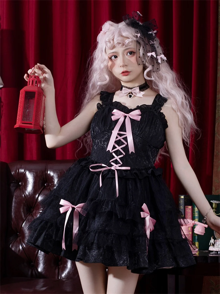 

French Sweet Romantic Dark Style Lolita Cosplay Cute Girls Jsk Gothic Solid Color Lace Mesh Ruffle Ribbon Bowknot Cake Dress
