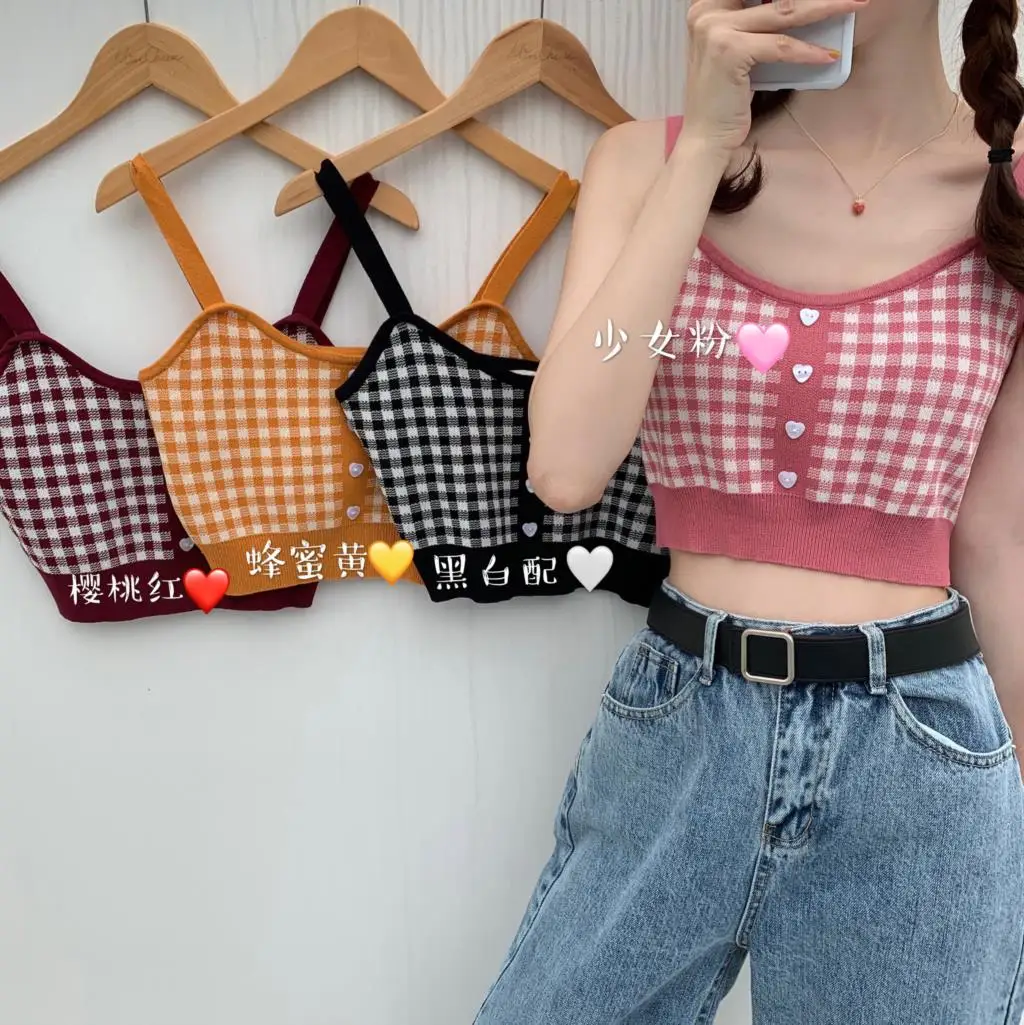 

Girl Crop Top Women Plaid Buttons Spaghetti Camis Club Sexy Slim Knitting Female Tank Tops Ladies Sleeveless Solid Simple