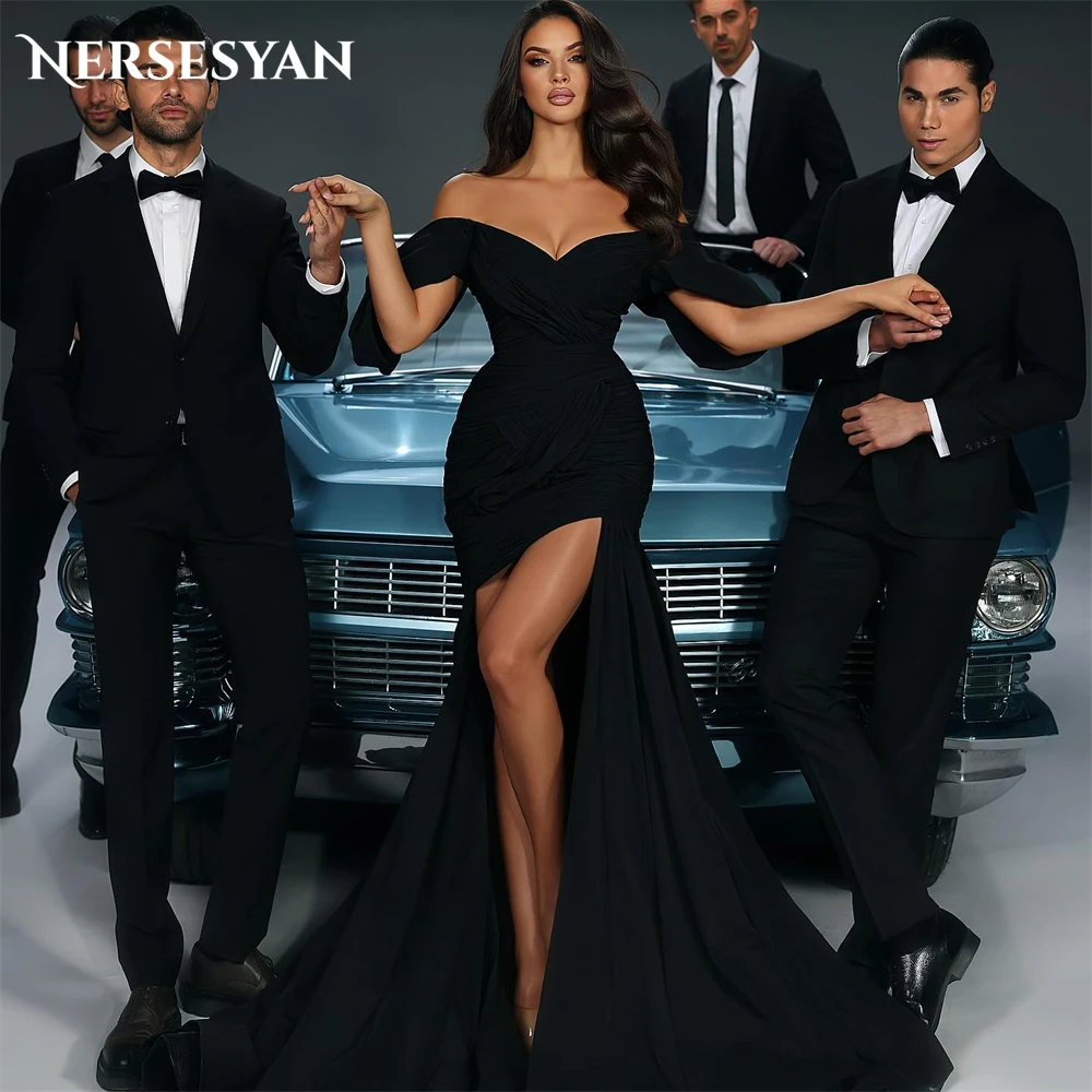 

Nersesyan Black Pleats Fashion Evening Dresses Cocktail Off Shoulder Bodycon Backless robes de soirée Celebrity Party Gowns Prom