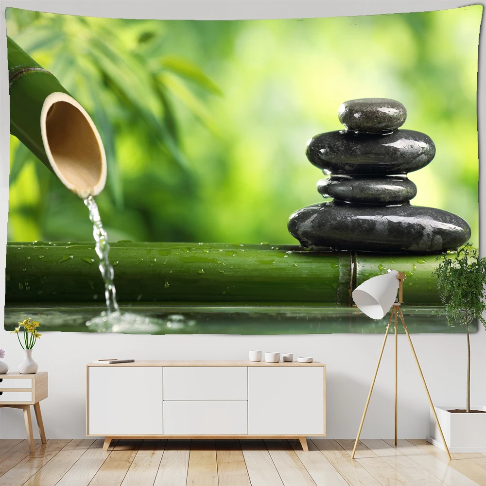 

Green Bamboo Flowers Zen Stone Flowing Water Tapestry Wall Hanging Bohemian Plant lotus Mandala Room Background Cloth Wall Decor