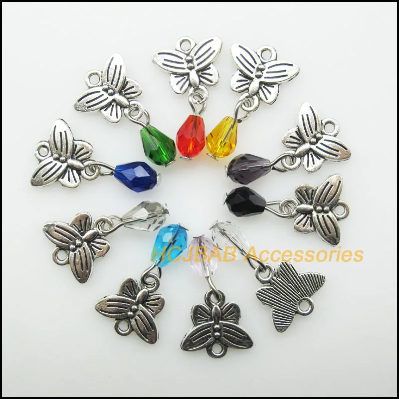 

20Pcs Mixed Teardrop Crystal Antique Silver Color Tiny Animal Butterfly Charms Pendants 6x8mm