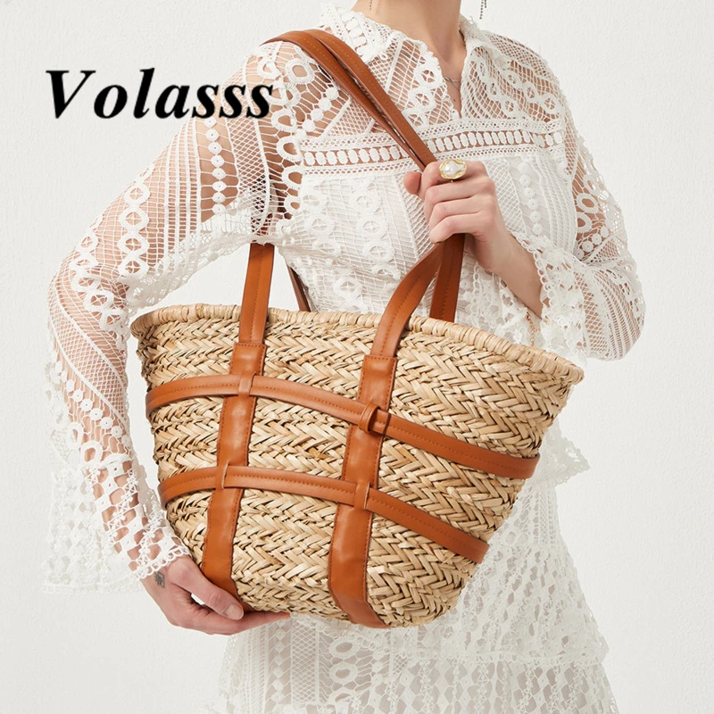 

VOLASSS Fashion Large Rattan Basket Bag For Women New Shoulder Bags Luxury Straw Handbag Summer Beach Big Capacity Shopper Purse